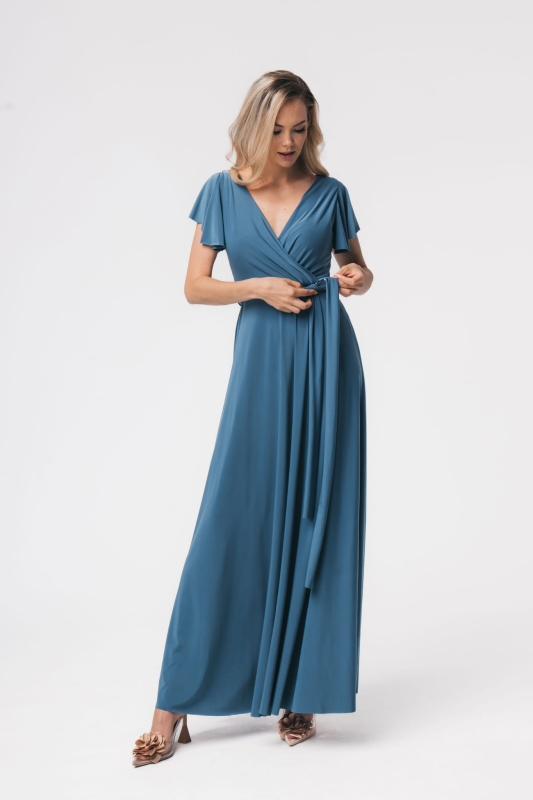 Sukienka maxi ABELIA z rękawkami -jeansowy